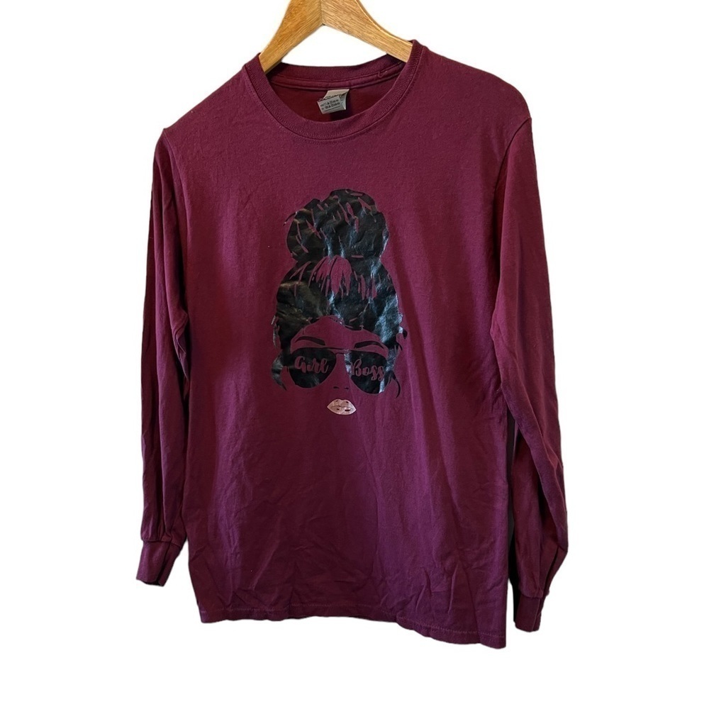 Dark Purple Graphic Print Cotton Long Sleeve Casual Tee Shirt S